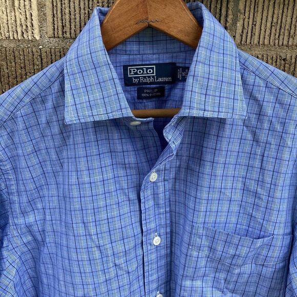 Polo by Ralph Lauren Men's 15 32/33‎ Long Sleeve Button Up Blue Grid Plaid Check - Picture 1 of 6